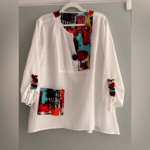 Ali Miles White Tunic with Red, Turquoise & Black Abstract Accents